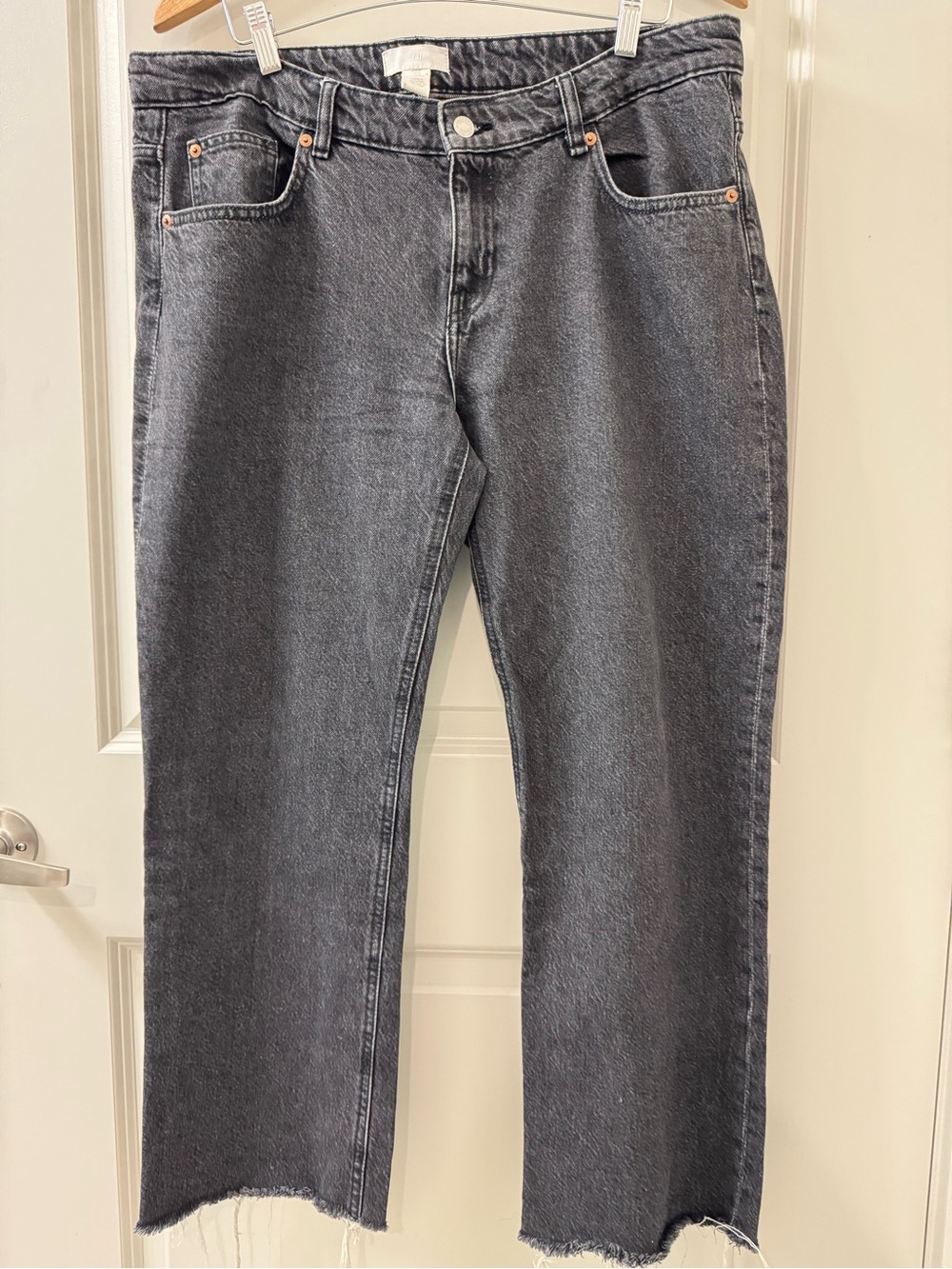 H&M Black Wide Leg Jeans Womens Size 14 100% Cotton Raw Hem Y2K Vintage Style